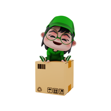 Lieferjunge sitzt auf Paket  3D Illustration