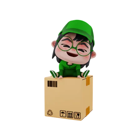 Lieferjunge sitzt auf Paket  3D Illustration