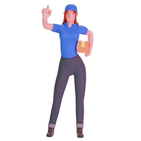 Liefermädchen in Uniform zeigt mit der Hand und hält Kartonpaket in der Hand  3D Illustration