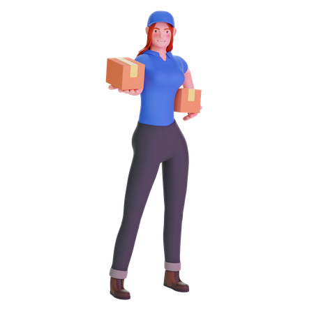 Liefermädchen steht mit Paket  3D Illustration