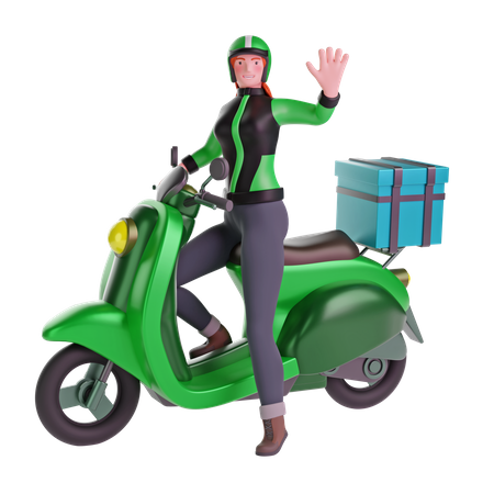 Liefermädchen winkt beim Motorradfahren  3D Illustration