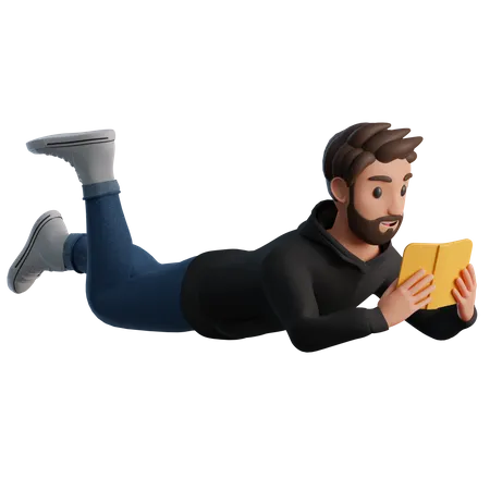 Liegender Mann liest ein Buch  3D Illustration