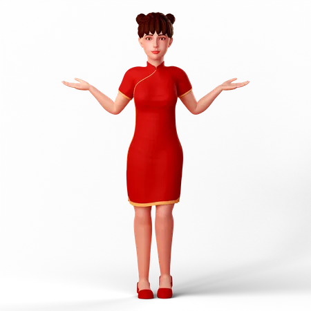 Linda chica china con pose de encogimiento de hombros  3D Illustration