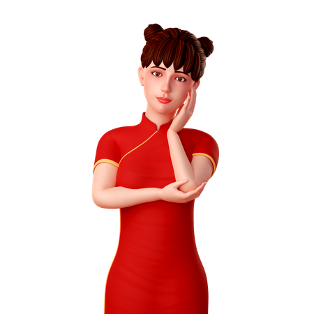 Linda chica china se pone las manos en la cara y hace una pose elegante  3D Illustration