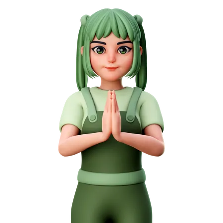 Linda chica con la mano doblada o gesto de mano Namaste  3D Illustration