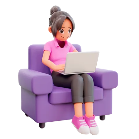 Linda chica sentada en el sofá y trabajando en la computadora portátil  3D Illustration