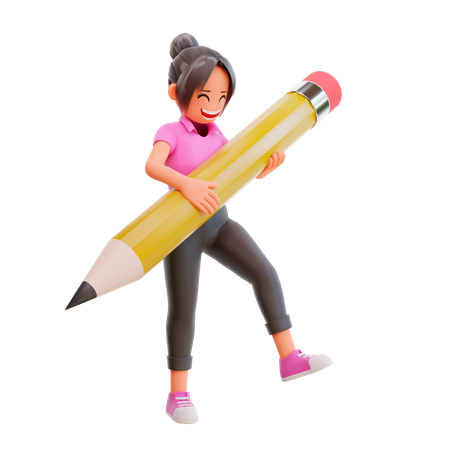 Linda chica sosteniendo un lápiz grande  3D Illustration