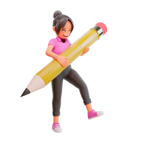 Linda chica sosteniendo un lápiz grande  3D Illustration