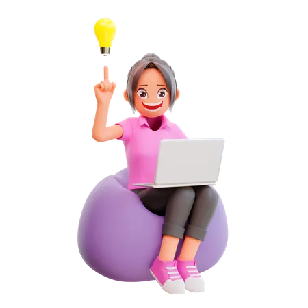 Linda chica sosteniendo una computadora portátil y teniendo una idea  3D Illustration