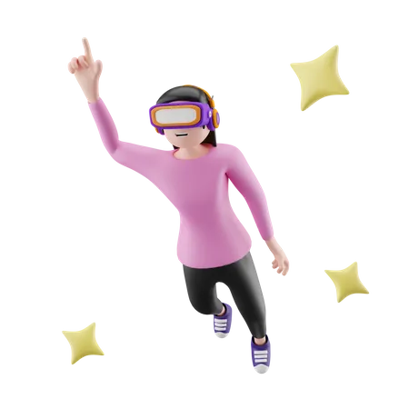 Linda chica volando en el aire y disfrutando de la tecnología avanzada  3D Illustration