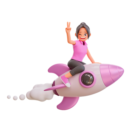 Linda chica volando en un cohete y mostrando el signo de la victoria  3D Illustration