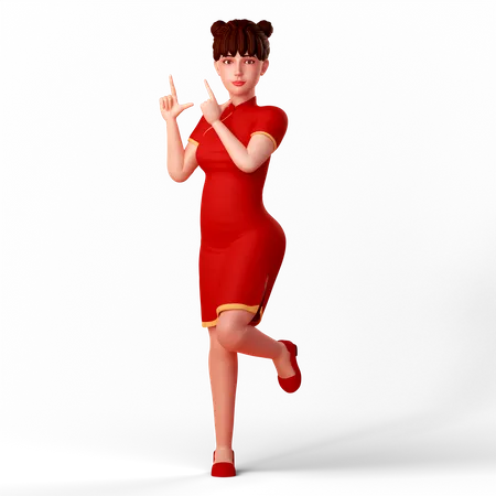 Linda dama china señala con ambas manos y levanta la pierna izquierda  3D Illustration