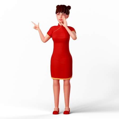 Linda dama china apuntando con su mano derecha y su mano izquierda se coloca cerca de la boca  3D Illustration