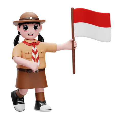 Linda garota carregando a bandeira da Indonésia  3D Illustration