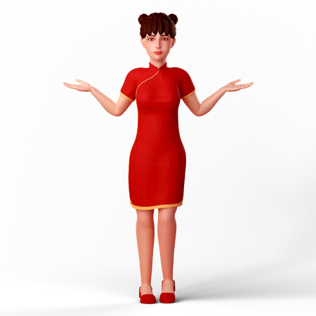 Linda garota chinesa com pose de encolher de ombros  3D Illustration