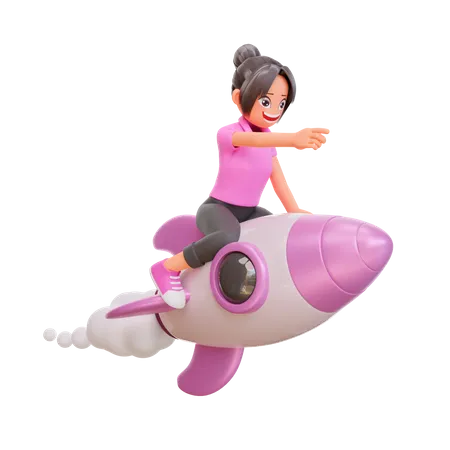 Linda garota voando em um foguete e apontando  3D Illustration