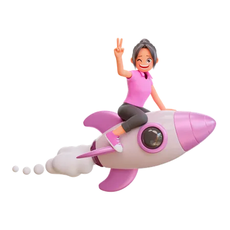 Linda garota voando em um foguete e mostrando sinal de vitória  3D Illustration