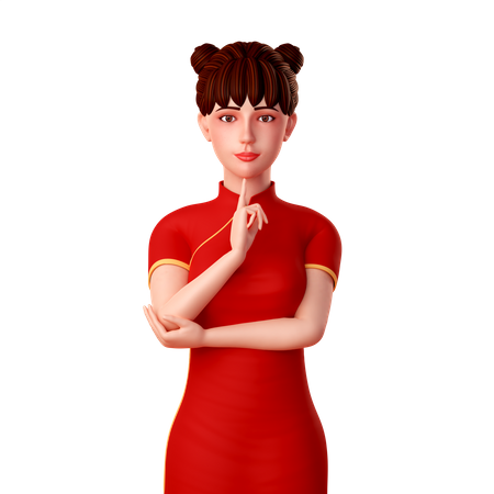 Linda mujer china, estaba pensando la niña y puso el dedo índice en la barbilla.  3D Illustration