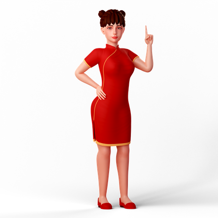Linda mujer apuntando hacia arriba usando su mano izquierda  3D Illustration