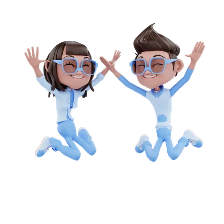 Linda pareja de negocios saltando en el aire  3D Illustration