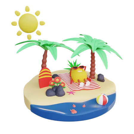 Linda piña relajándose en la playa  3D Illustration