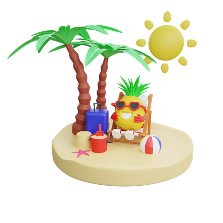 Abacaxi fofo aproveitando as férias de verão na praia  3D Illustration