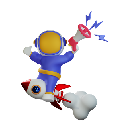 Astronauta fofo andando de foguete com megafone  3D Illustration