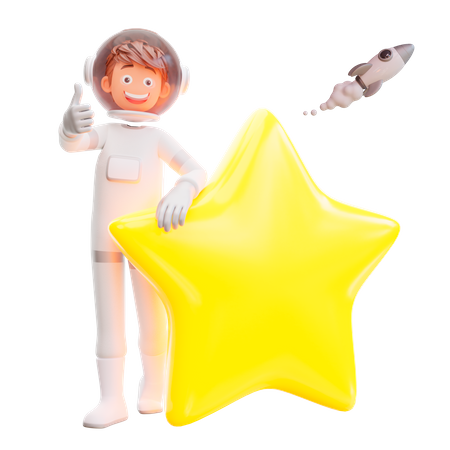 Lindo astronauta de pie con una gran estrella  3D Illustration