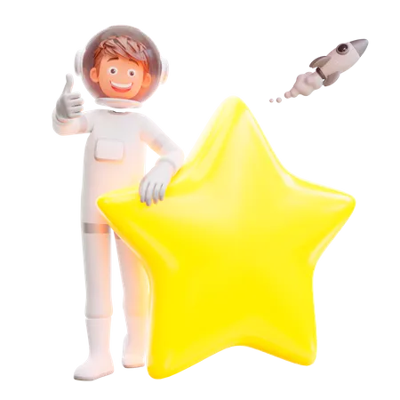 Lindo astronauta de pie con una gran estrella  3D Illustration