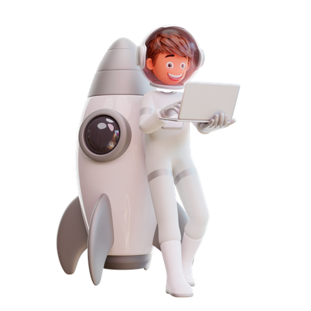 Lindo astronauta sentado y sosteniendo una computadora portátil  3D Illustration