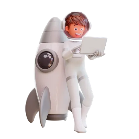 Lindo astronauta sentado y sosteniendo una computadora portátil  3D Illustration