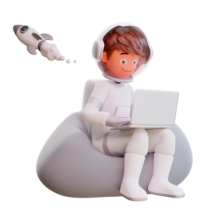 Lindo astronauta sentado y sosteniendo la computadora portátil  3D Illustration