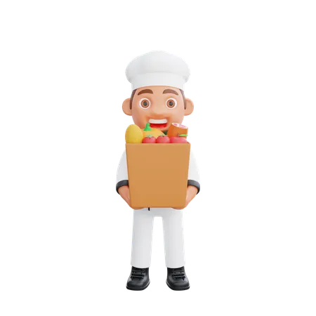 Lindo chef sosteniendo bolsa de supermercado  3D Illustration