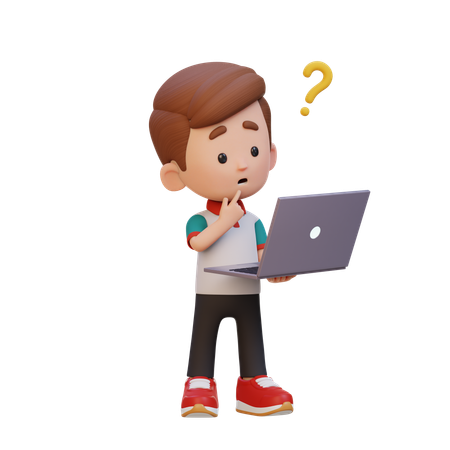 Lindo chico confundido mientras está de pie con una computadora portátil  3D Icon