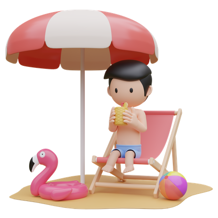 Un chico lindo sentado y relajado en una silla de playa en la playa en verano  3D Illustration