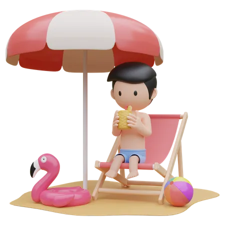 Un chico lindo sentado y relajado en una silla de playa en la playa en verano  3D Illustration