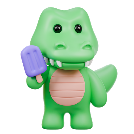 Lindo cocodrilo sosteniendo una paleta mientras disfruta de un dulce de verano  3D Icon