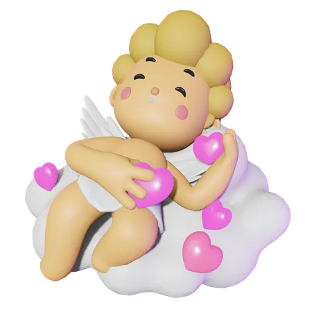 Lindo cupido durmiendo en una nube con abrazos de amor  3D Illustration