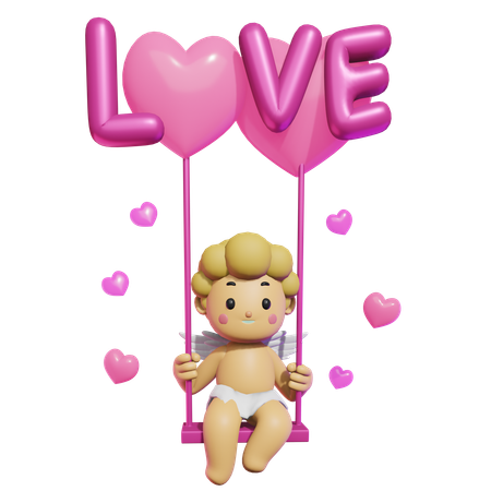 Lindo cupido en columpio de nube  3D Illustration