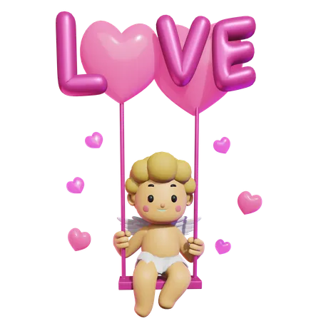 Lindo cupido en columpio de nube  3D Illustration