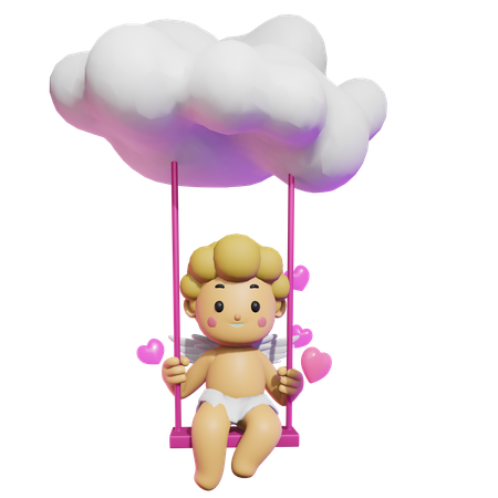 Lindo cupido en columpio de nube  3D Illustration