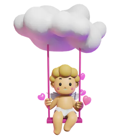 Lindo cupido en columpio de nube  3D Illustration