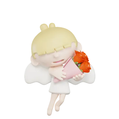 Lindo cupido sosteniendo un ramo de rosas  3D Illustration