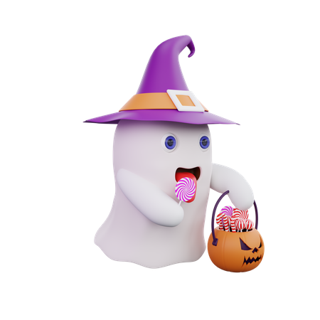 Lindo fantasma con canasta de calabazas  3D Illustration