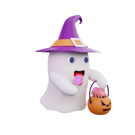 Lindo fantasma con canasta de calabazas  3D Illustration