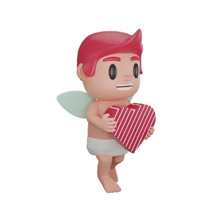 Lindo niño cupido sosteniendo el corazón  3D Illustration