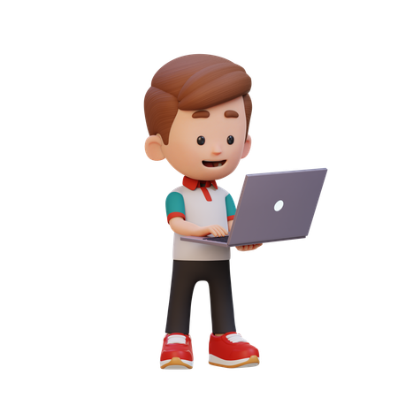 Lindo niño de pie y trabajando en la computadora portátil  3D Icon