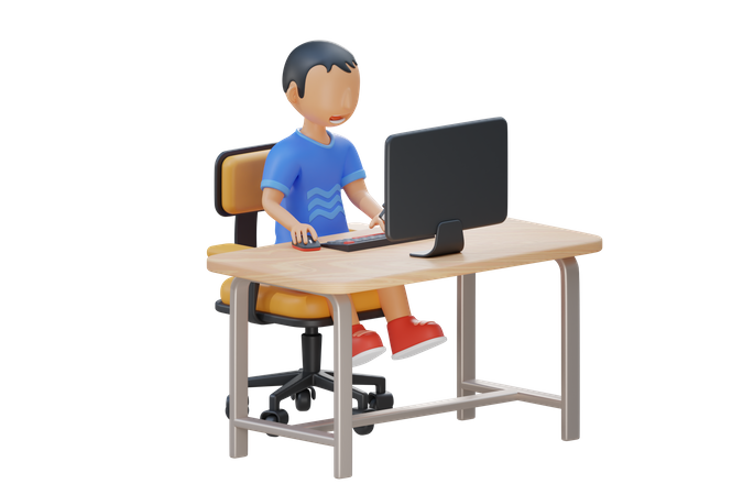 Un niño lindo usa la computadora  3D Illustration