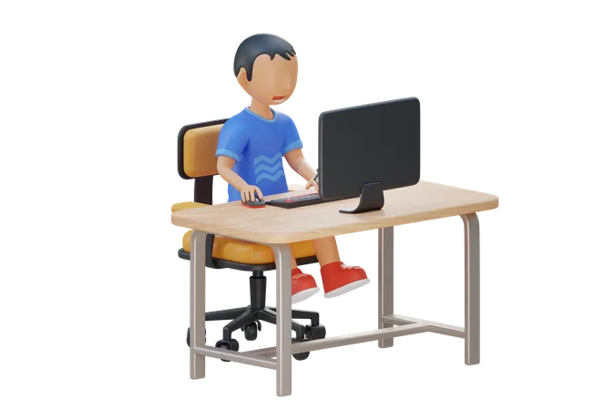 Un niño lindo usa la computadora  3D Illustration