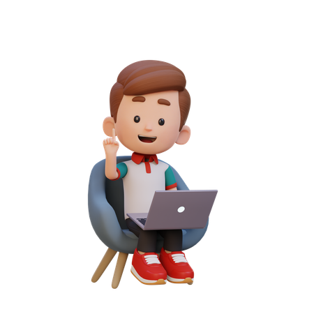 Lindo niño trabajando en una computadora portátil mientras señala hacia arriba  3D Icon